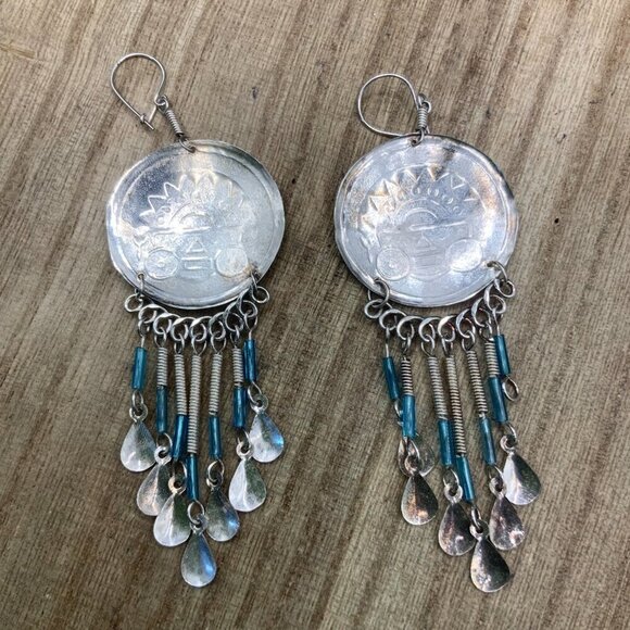 Peruvian Handmade Coin Silver Tone Dangling Hook Earrings - Picture 6 of 7